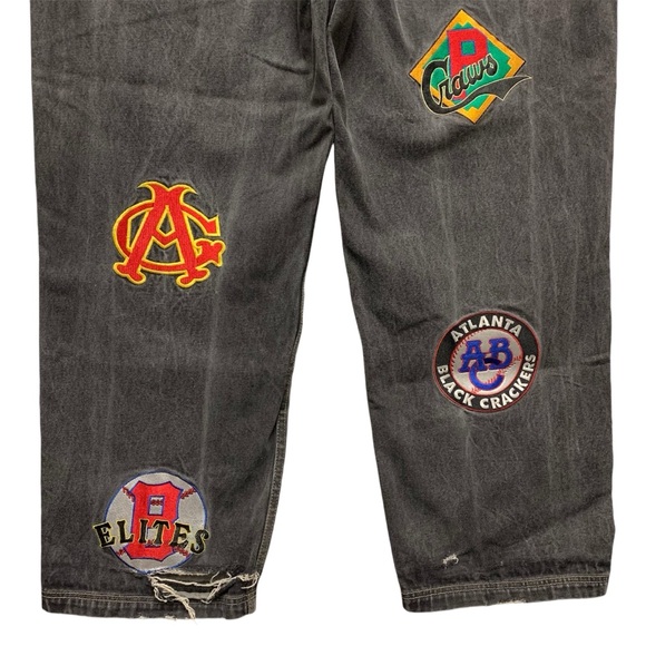 Negro League Baggy Fit Baseball Jeans 44 x 34 Embroidered Patches Black Grey * - Picture 9 of 14